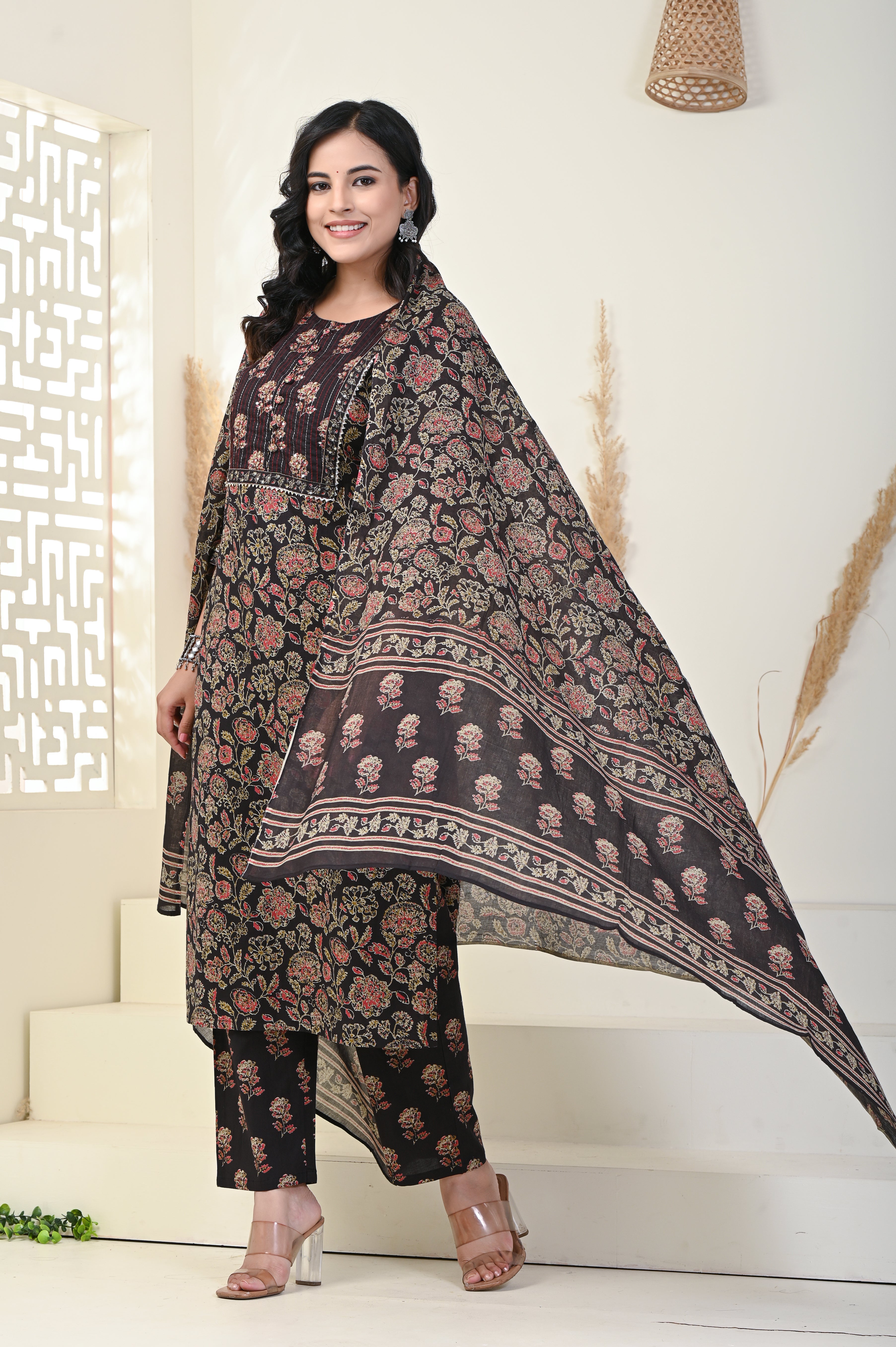 Black Cotton Kurta Pant Set with Dupatta-800004