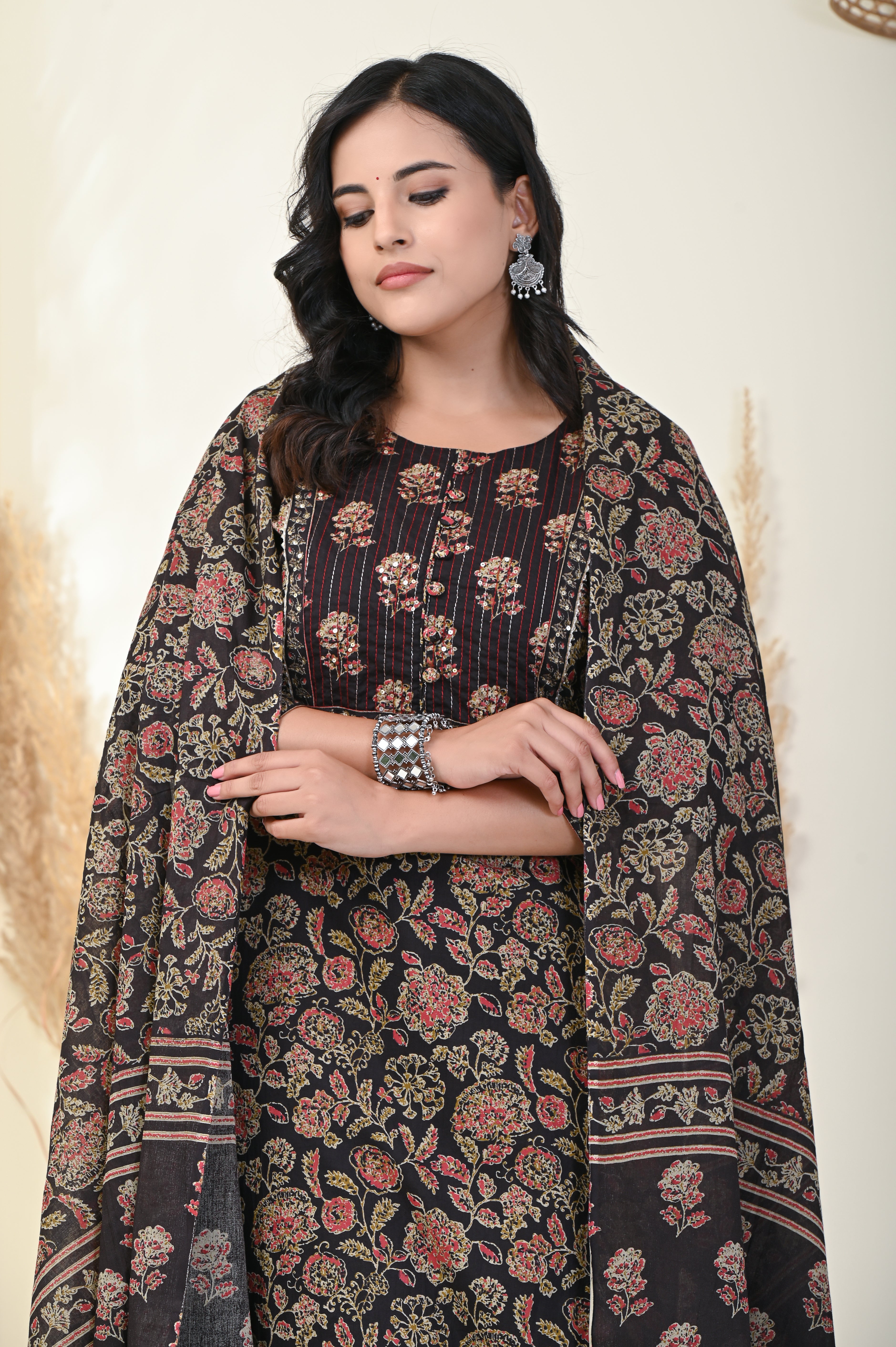 Black Cotton Kurta Pant Set with Dupatta-800004