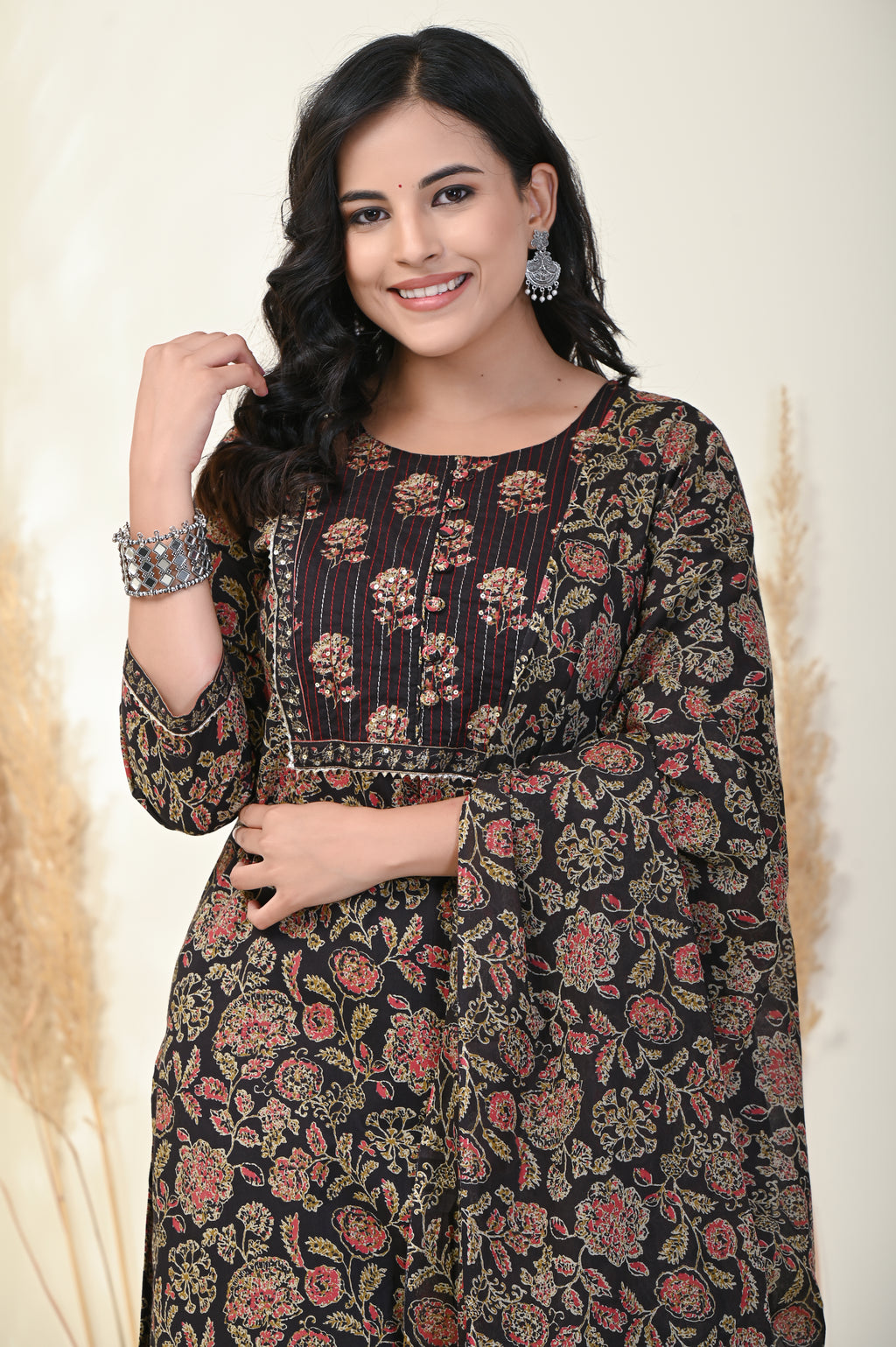 Black Cotton Kurta Pant Set with Dupatta-800004