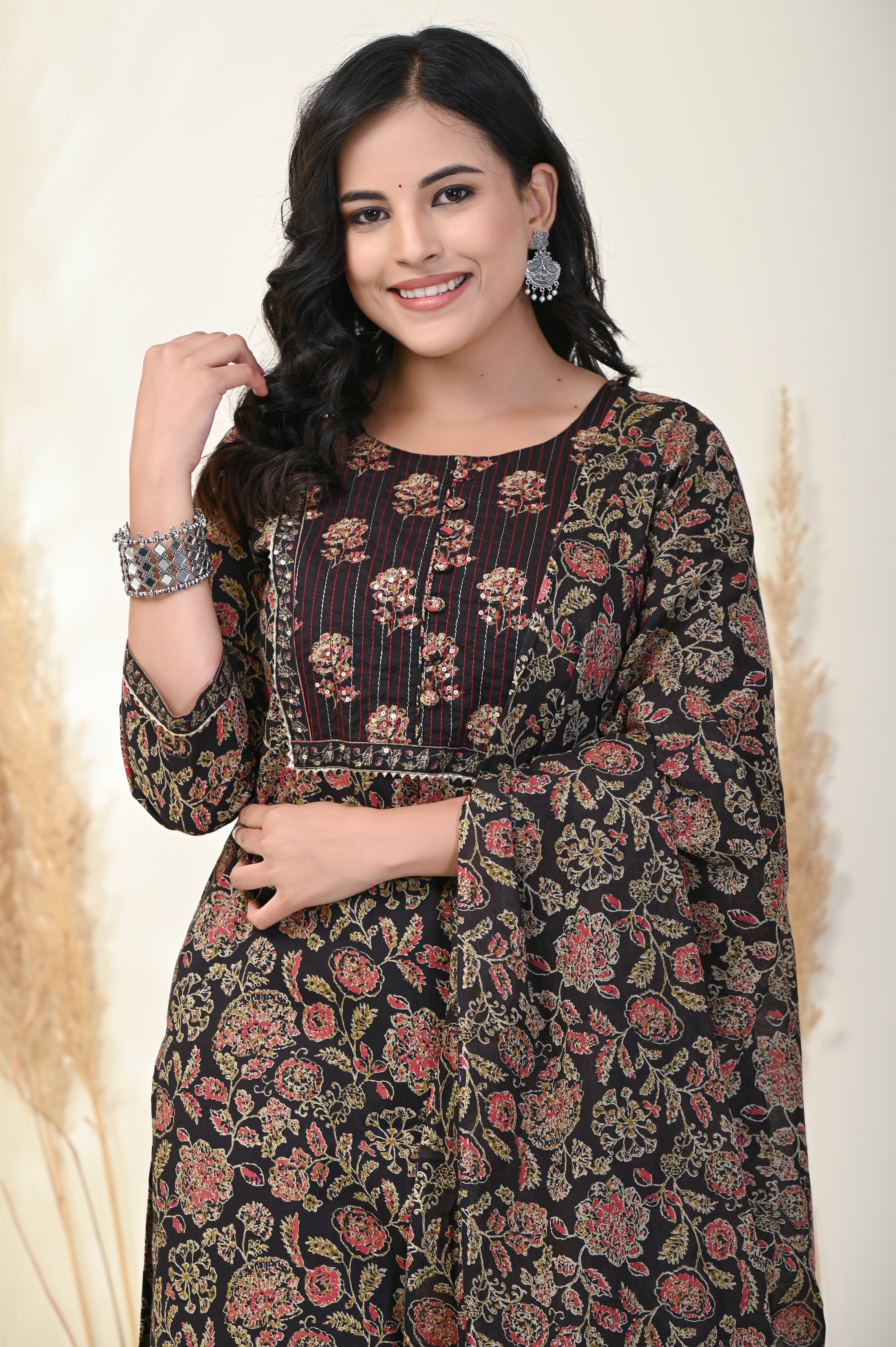 Black Cotton Kurta Pant Set with Dupatta-800004