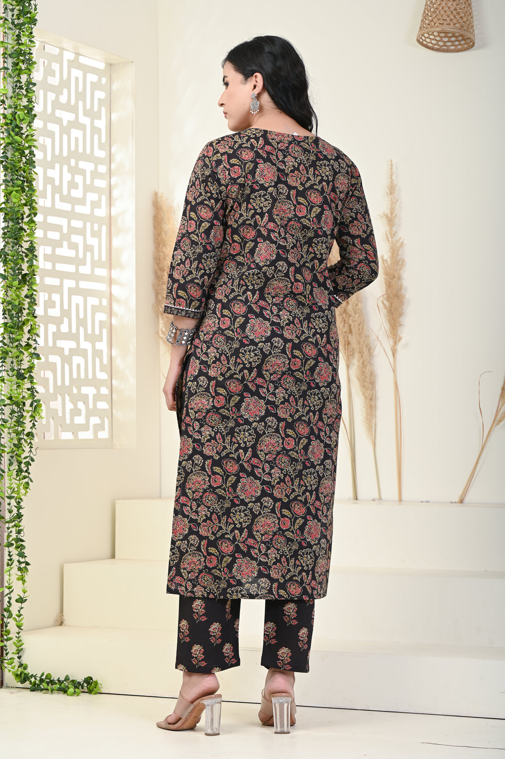 Black Cotton Kurta Pant Set with Dupatta-800004
