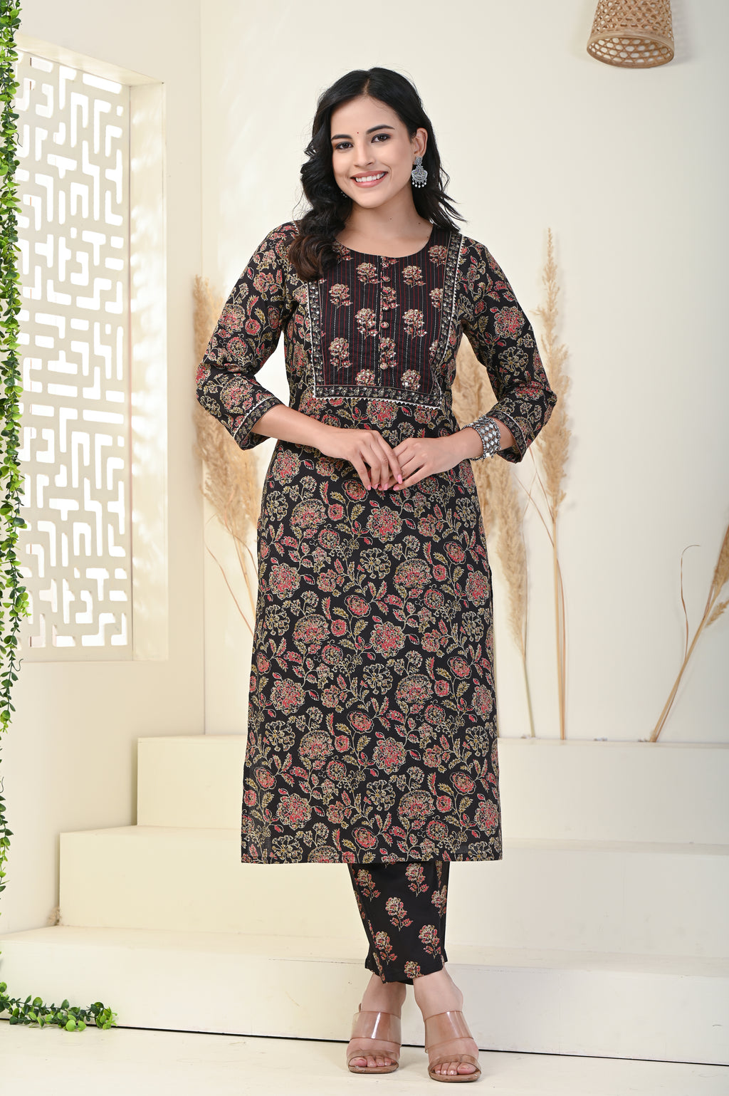 Black Cotton Kurta Pant Set with Dupatta-800004