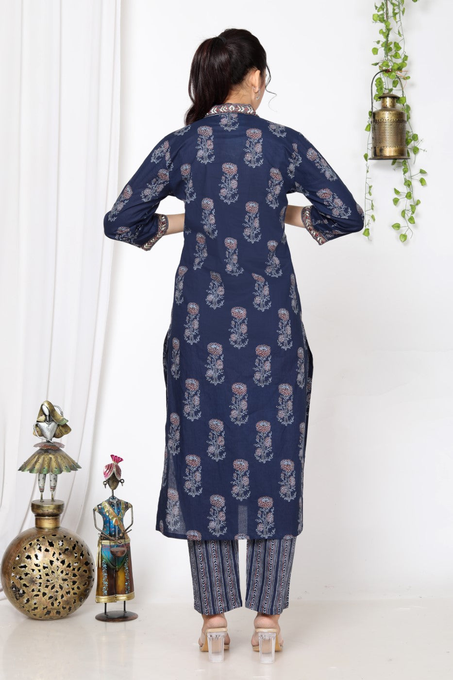 Blue Cotton Kurta Pant Set with Dupatta-800013