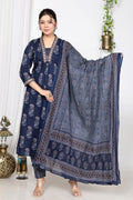 Blue Cotton Kurta Pant Set with Dupatta-800013