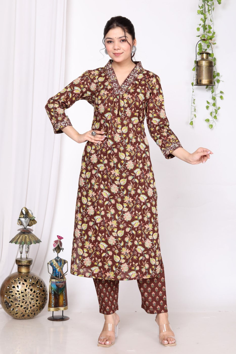 Brown Cotton Kurta Pant Set with Dupatta-800014