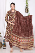 Brown Cotton Kurta Pant Set with Dupatta-800014