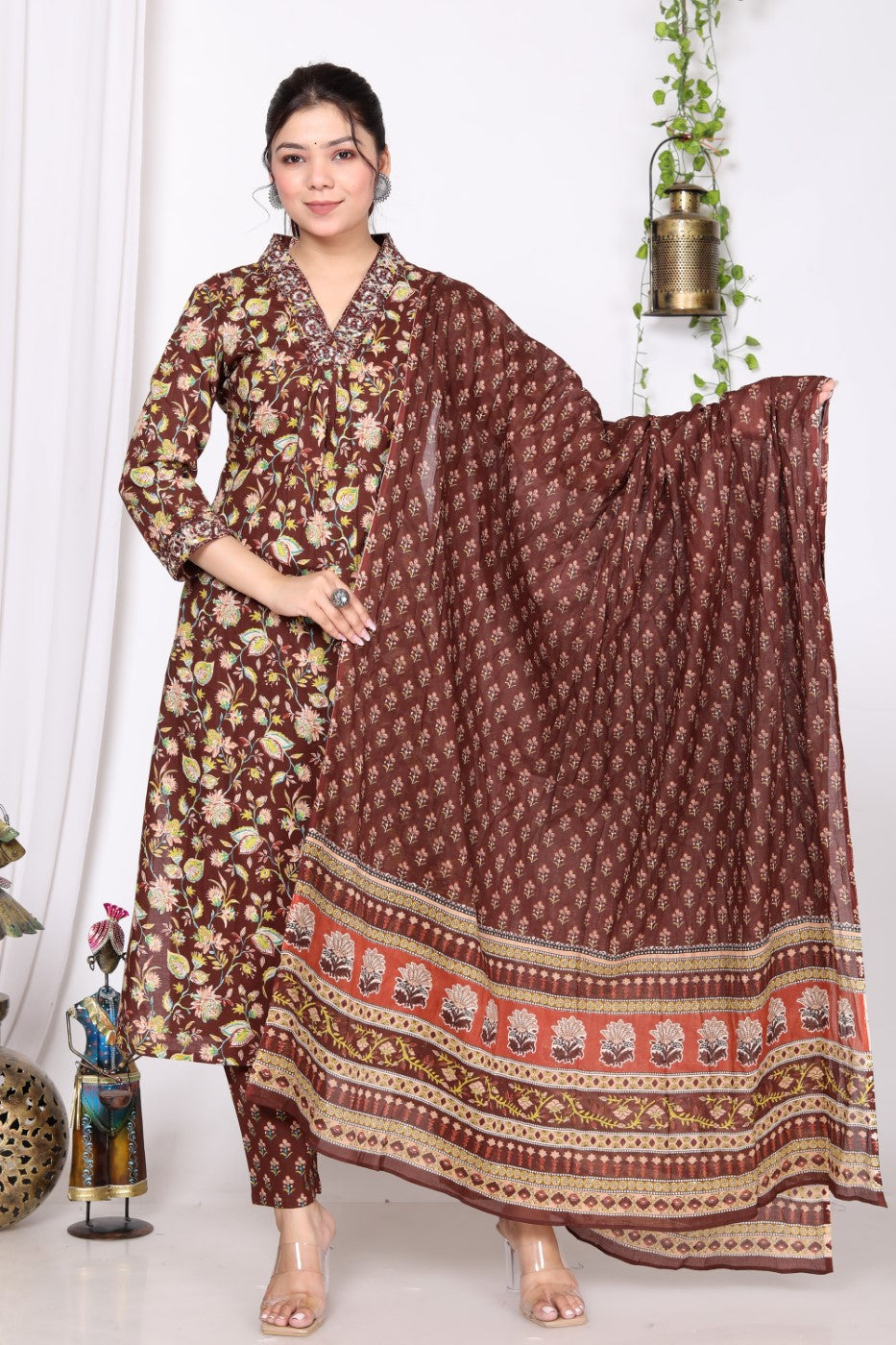 Brown Cotton Kurta Pant Set with Dupatta-800014