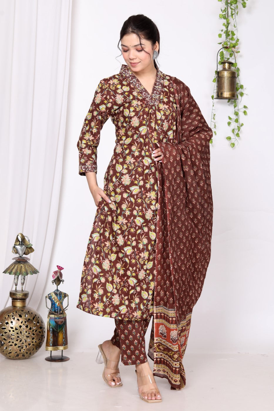Brown Cotton Kurta Pant Set with Dupatta-800014