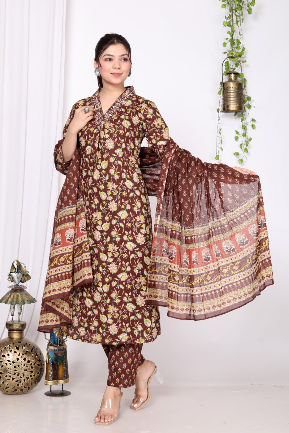 Brown Cotton Kurta Pant Set with Dupatta-800014