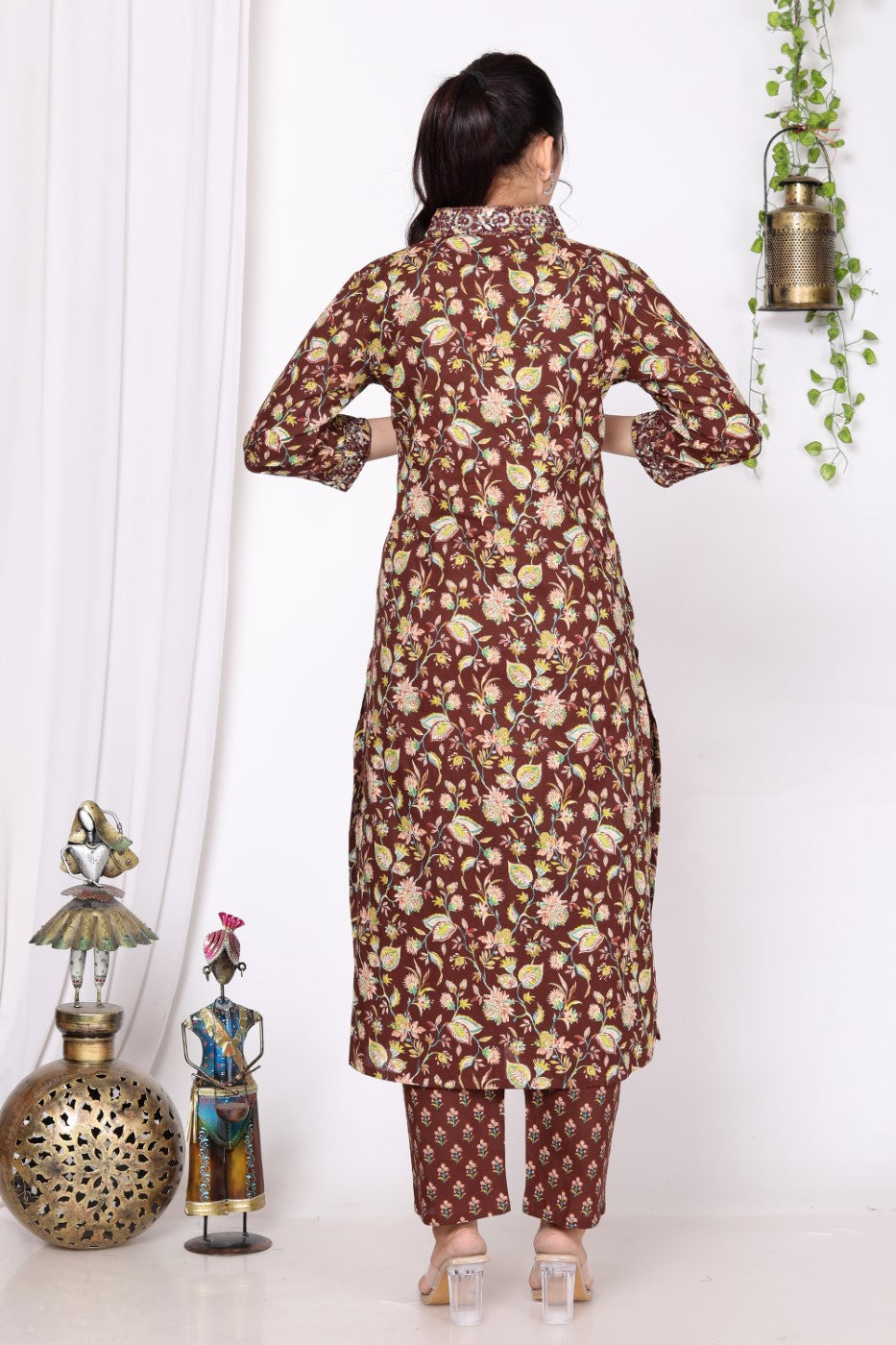 Brown Cotton Kurta Pant Set with Dupatta-800014