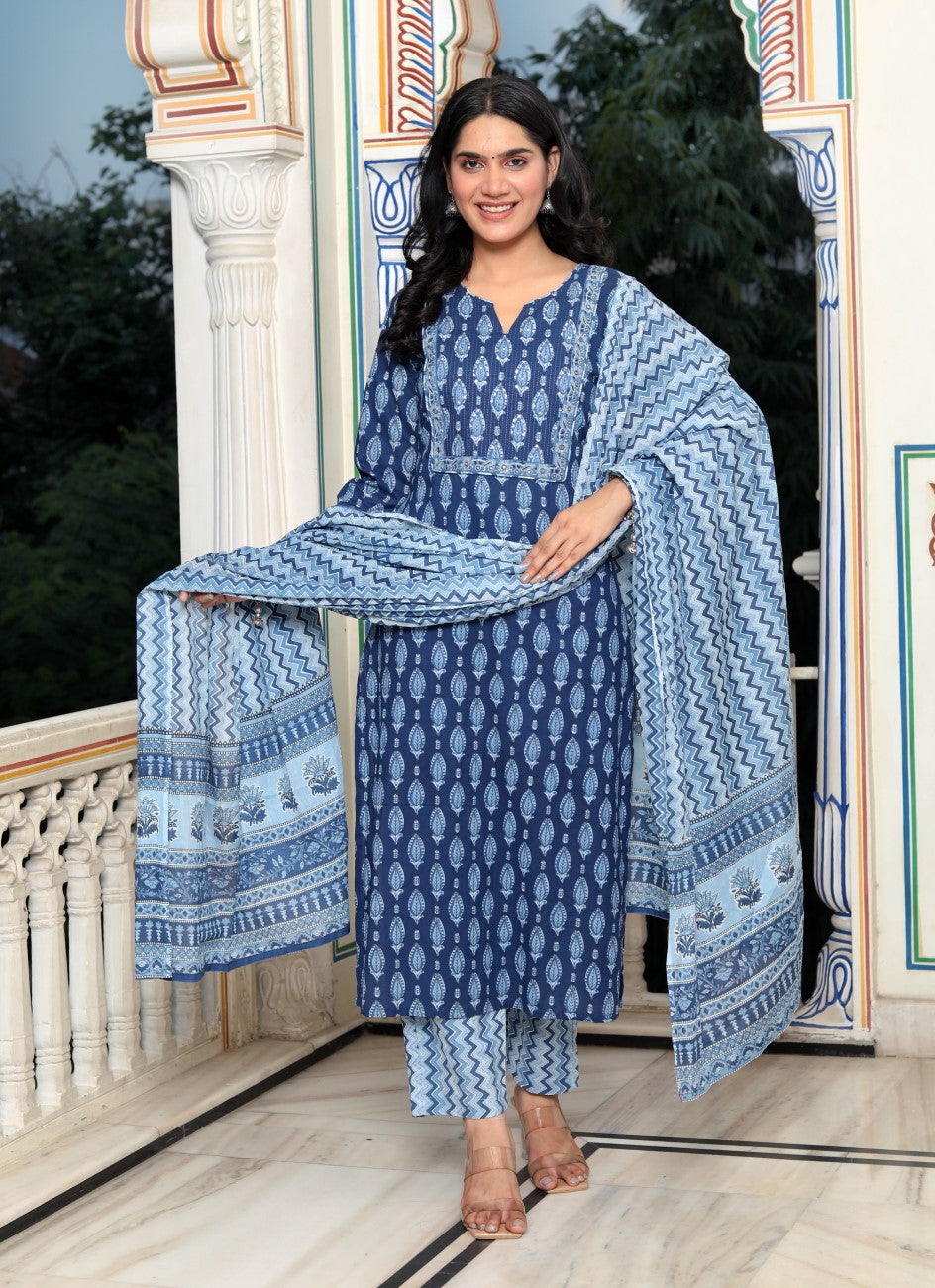 Blue Cotton Kurta Pant Set with Dupatta-800035