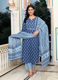 Blue Cotton Kurta Pant Set with Dupatta-800035