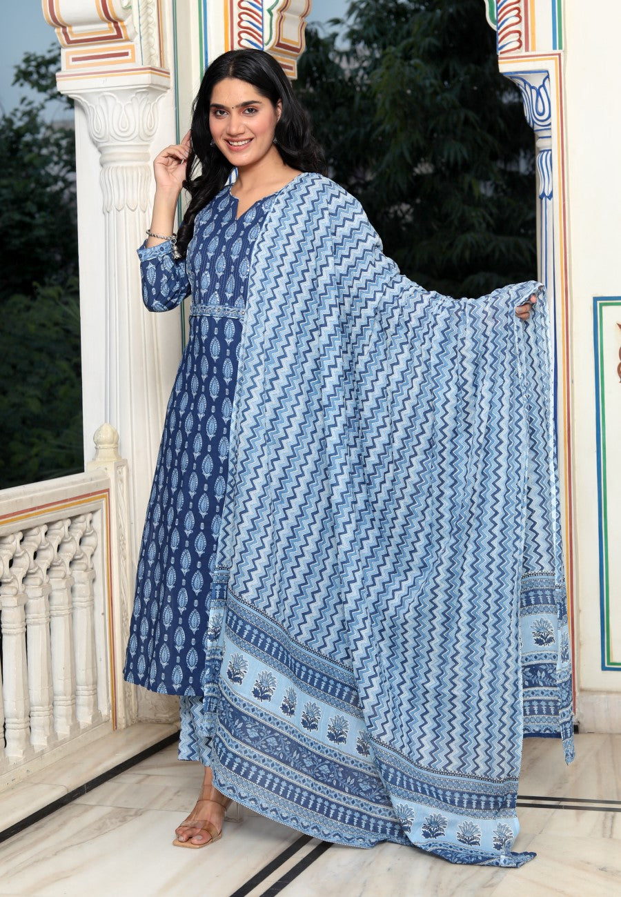Blue Cotton Kurta Pant Set with Dupatta-800035