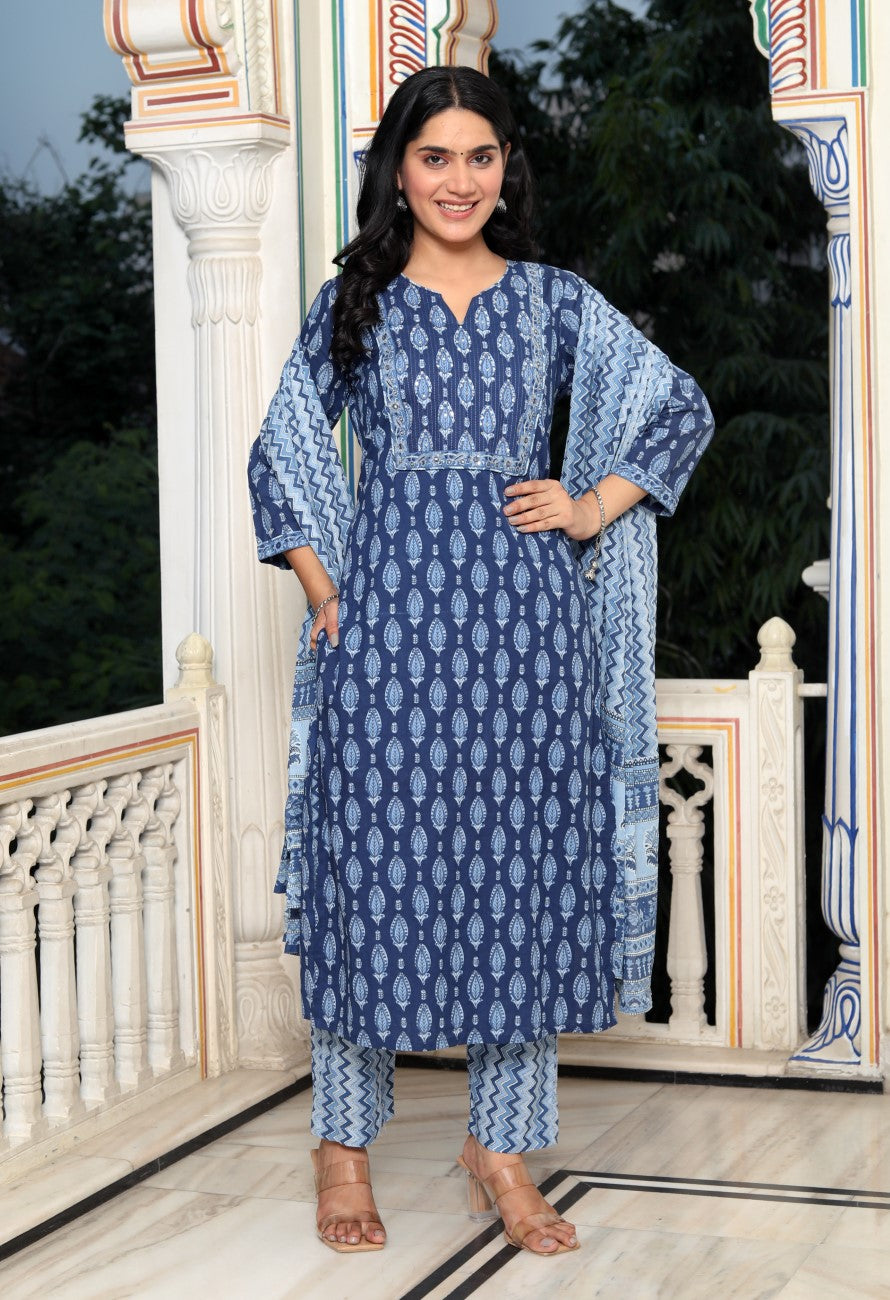Blue Cotton Kurta Pant Set with Dupatta-800035