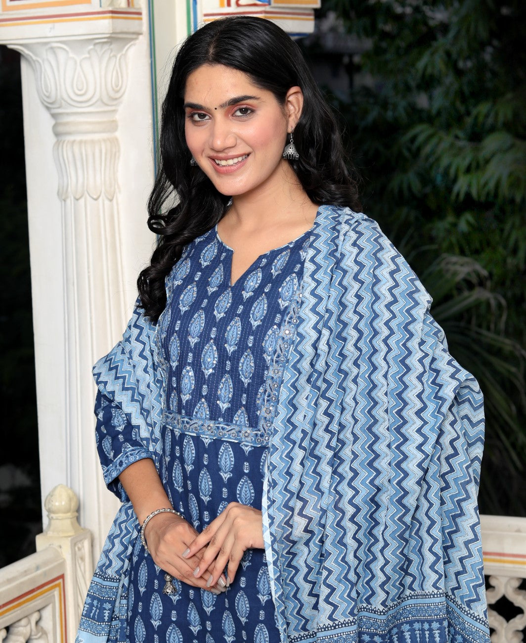 Blue Cotton Kurta Pant Set with Dupatta-800035