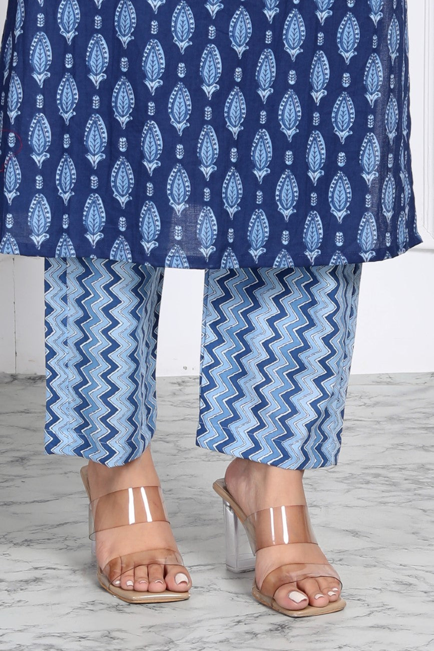 Blue Cotton Kurta Pant Set with Dupatta-800035