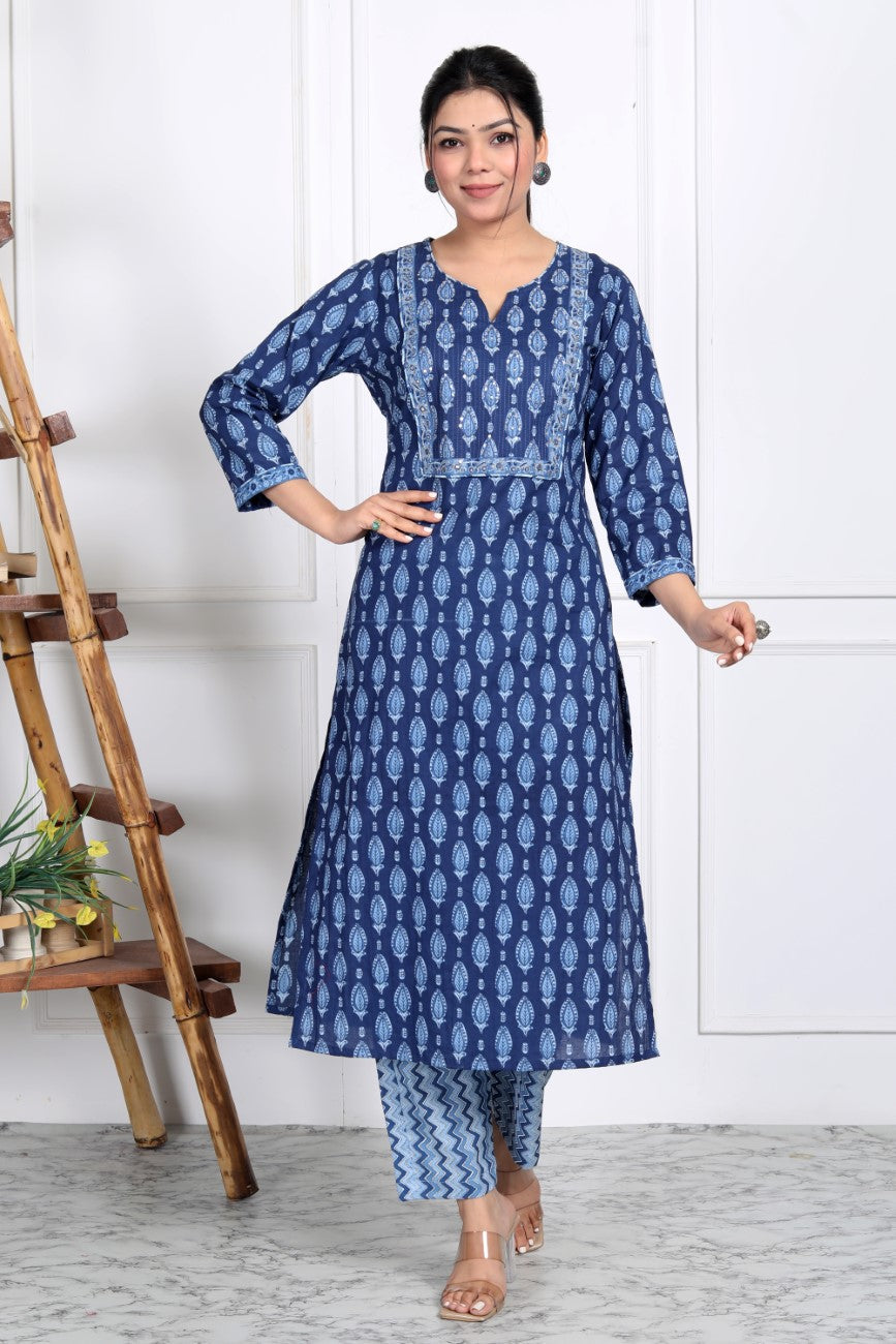Blue Cotton Kurta Pant Set with Dupatta-800035