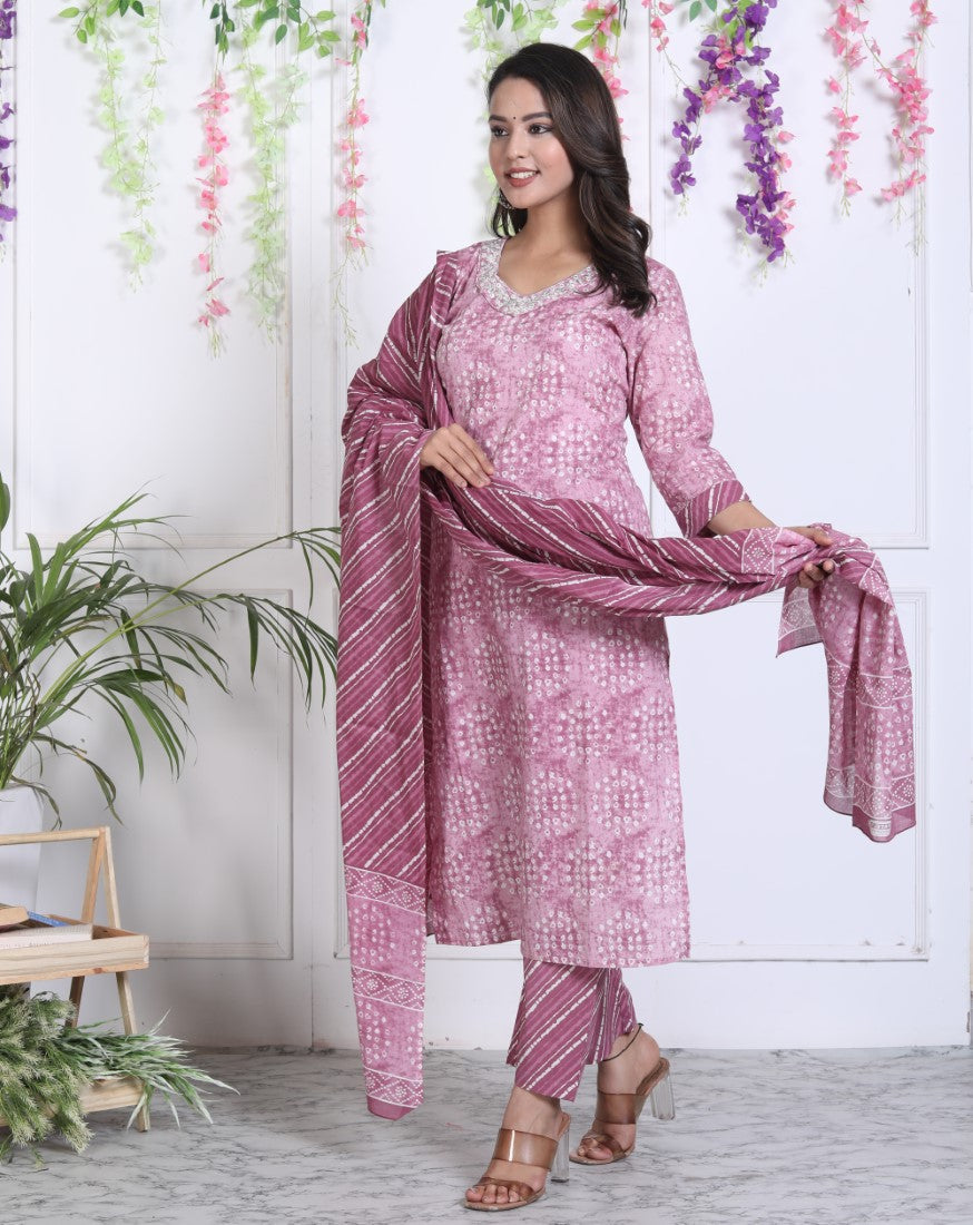 Purple Cotton Kurta Pant Set with Dupatta-800037