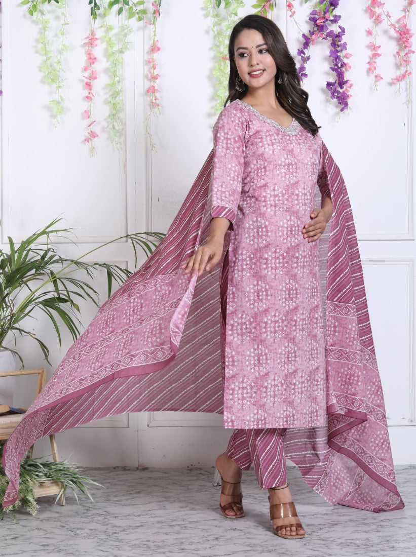 Purple Cotton Kurta Pant Set with Dupatta-800037