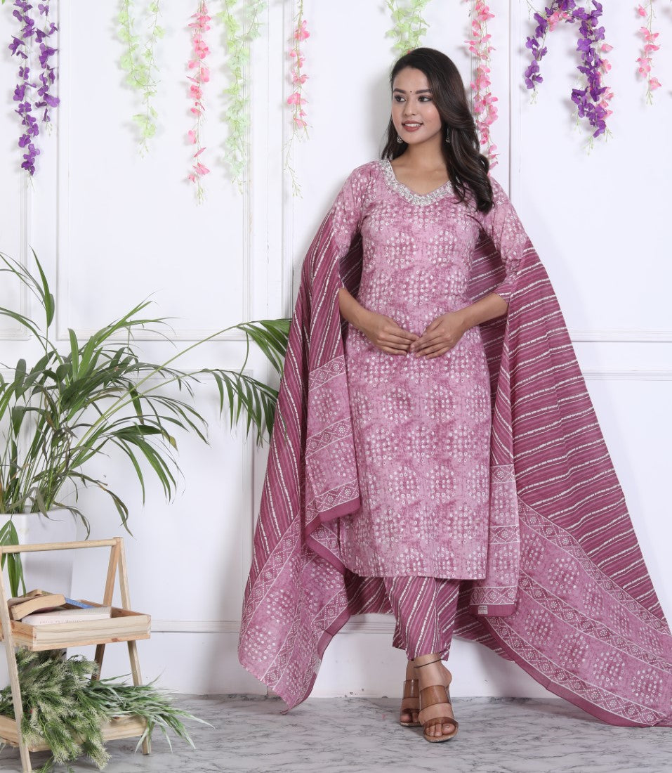 Purple Cotton Kurta Pant Set with Dupatta-800037