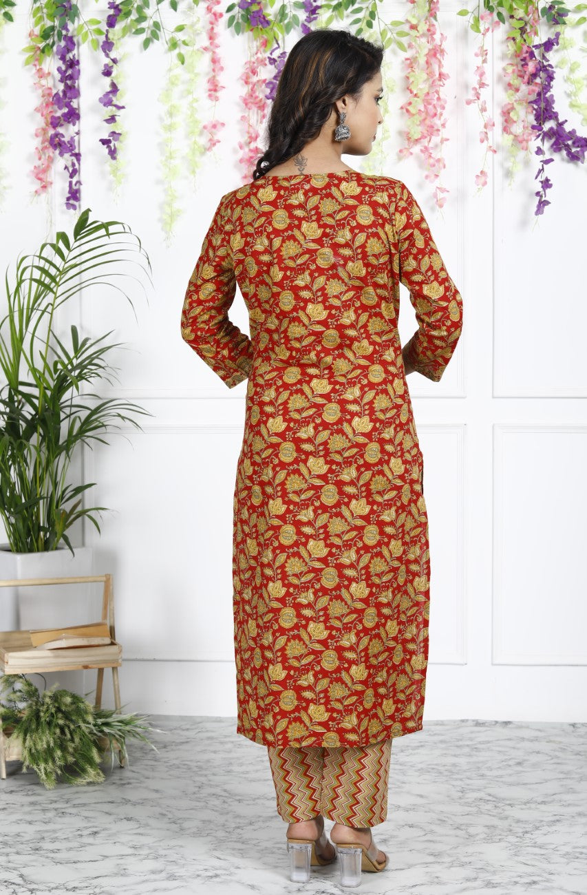Red Cotton Kurta Pant Set with Dupatta-800040
