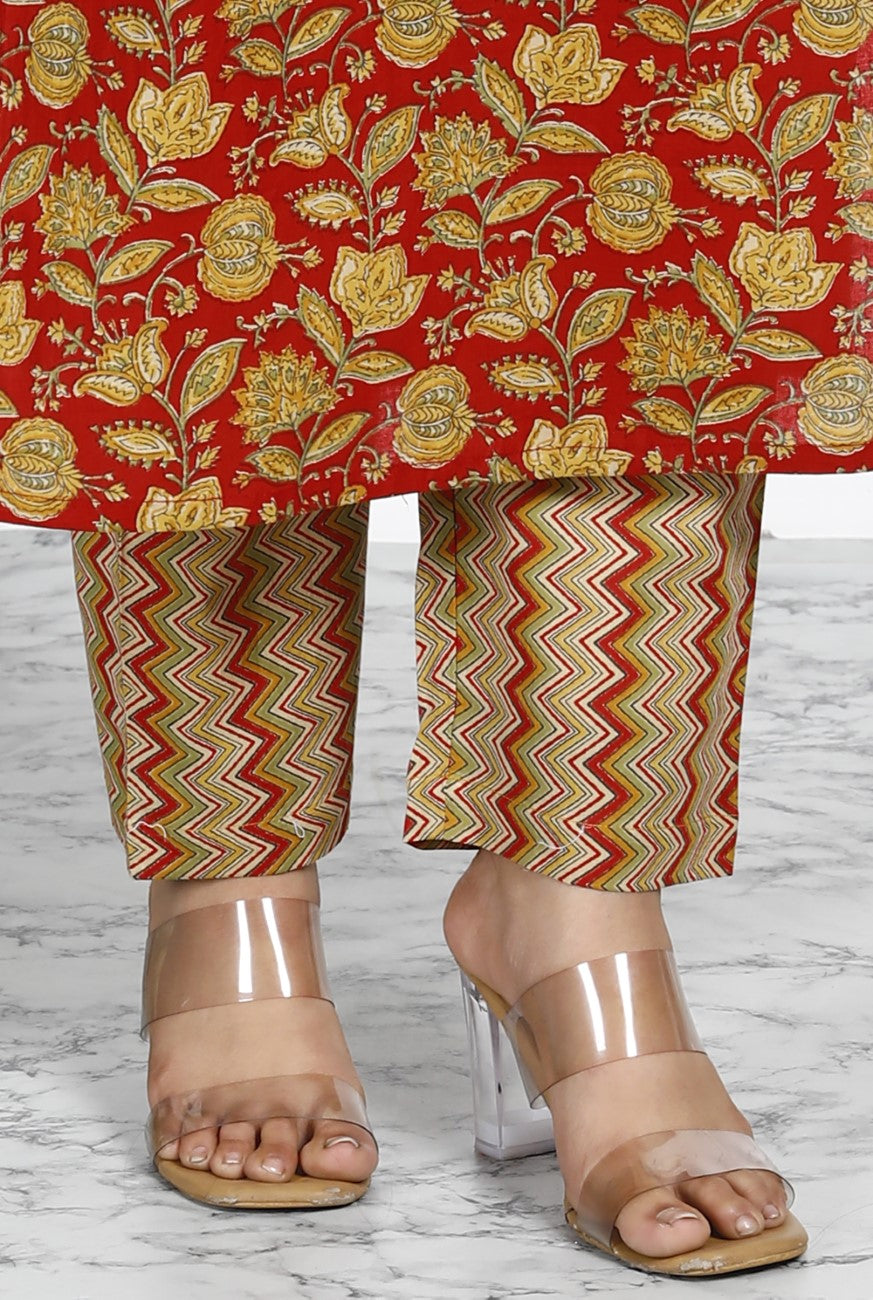 Red Cotton Kurta Pant Set with Dupatta-800040