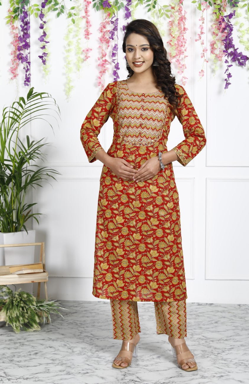 Red Cotton Kurta Pant Set with Dupatta-800040