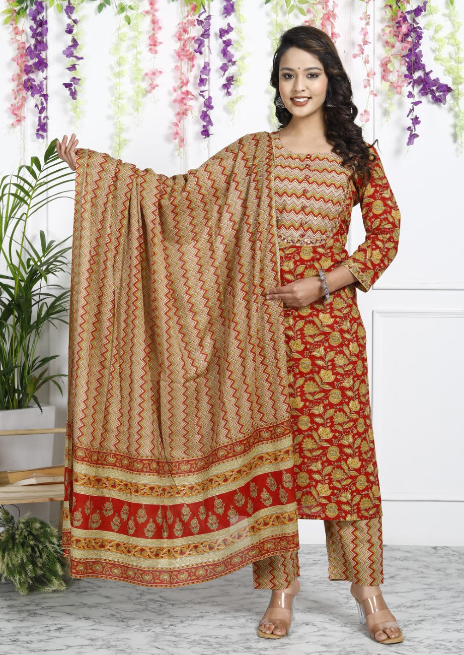 Red Cotton Kurta Pant Set with Dupatta-800040