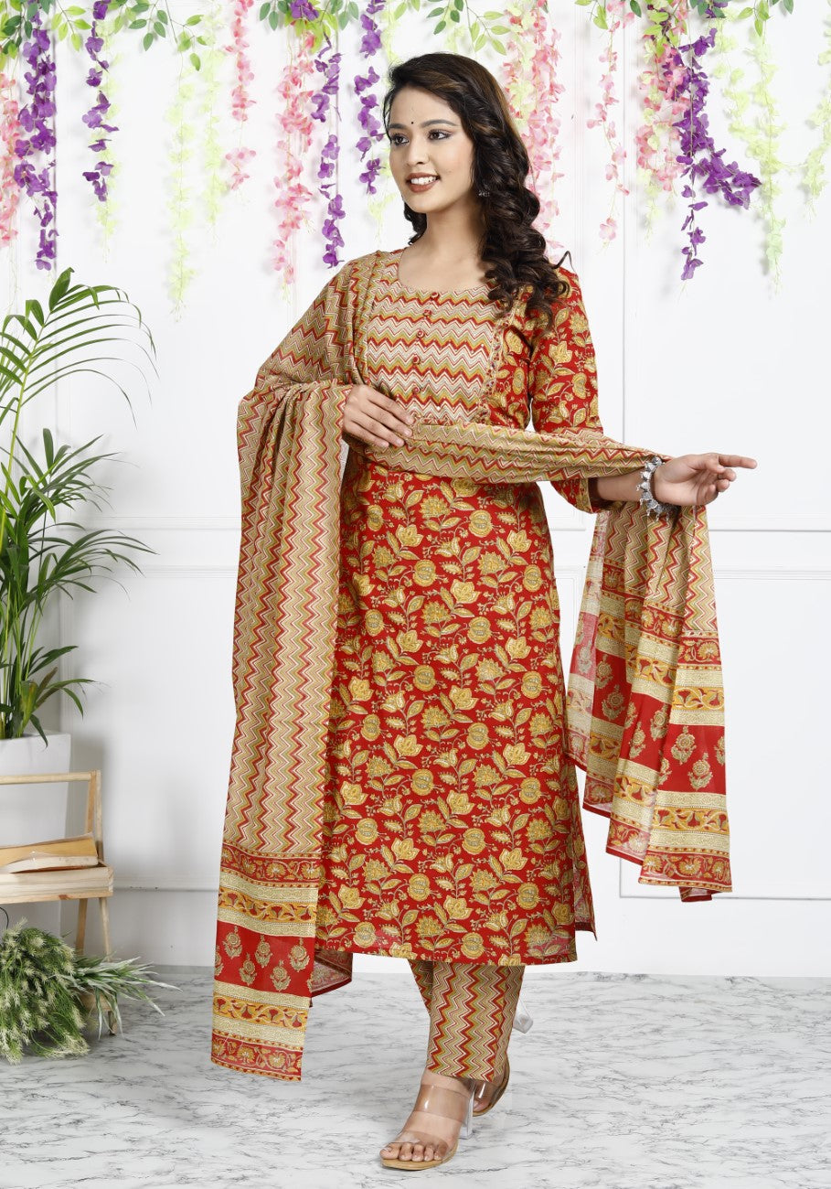 Red Cotton Kurta Pant Set with Dupatta-800040