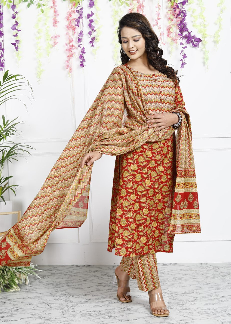 Red Cotton Kurta Pant Set with Dupatta-800040