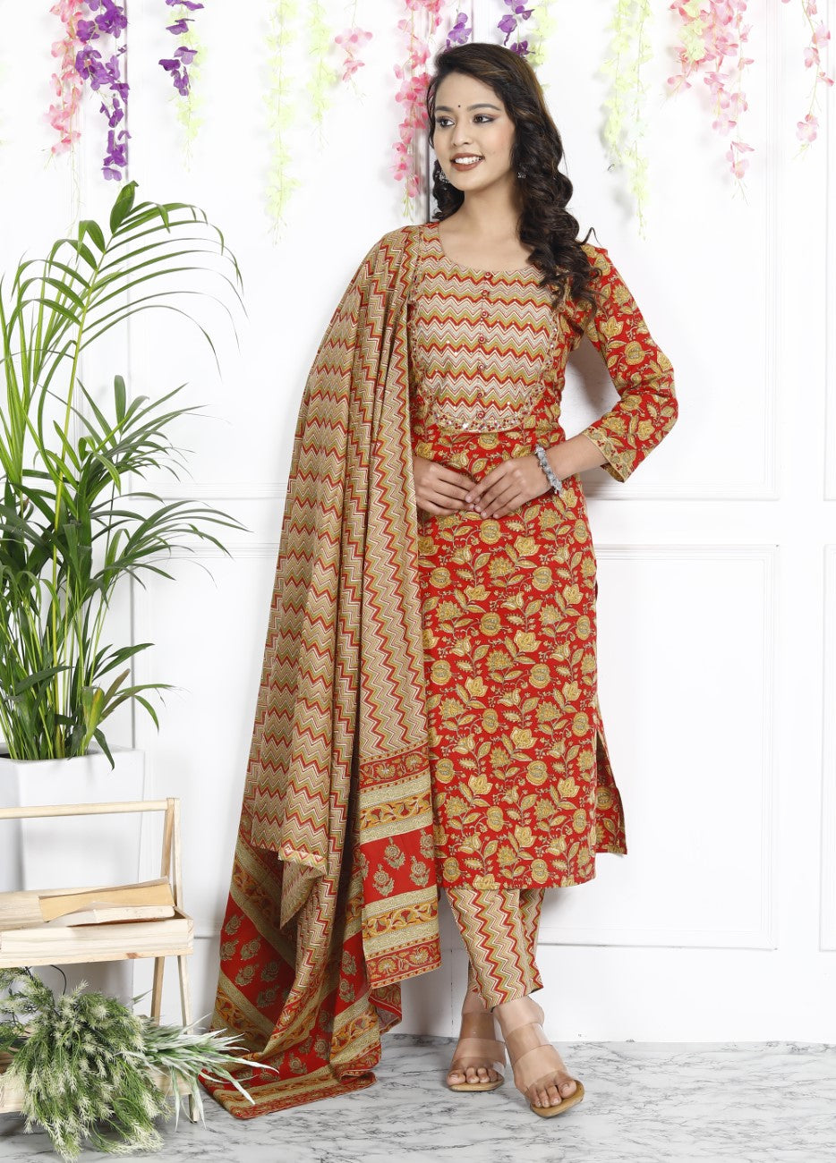 Red Cotton Kurta Pant Set with Dupatta-800040