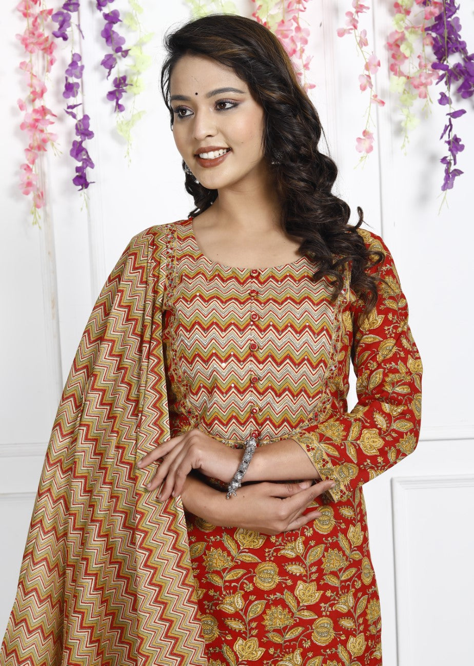 Red Cotton Kurta Pant Set with Dupatta-800040