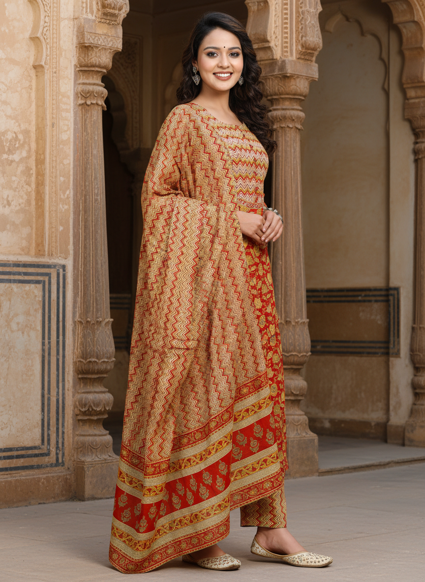 Red Cotton Kurta Pant Set with Dupatta-800040