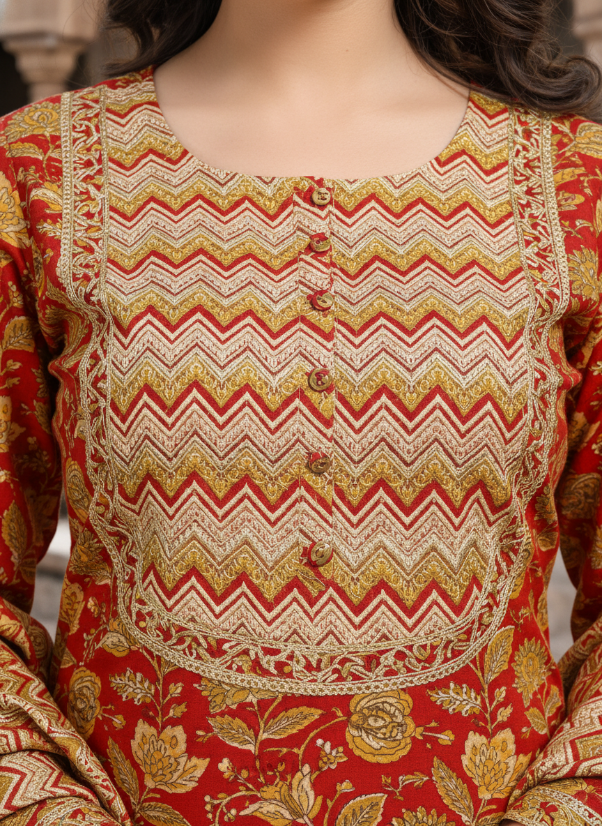 Red Cotton Kurta Pant Set with Dupatta-800040