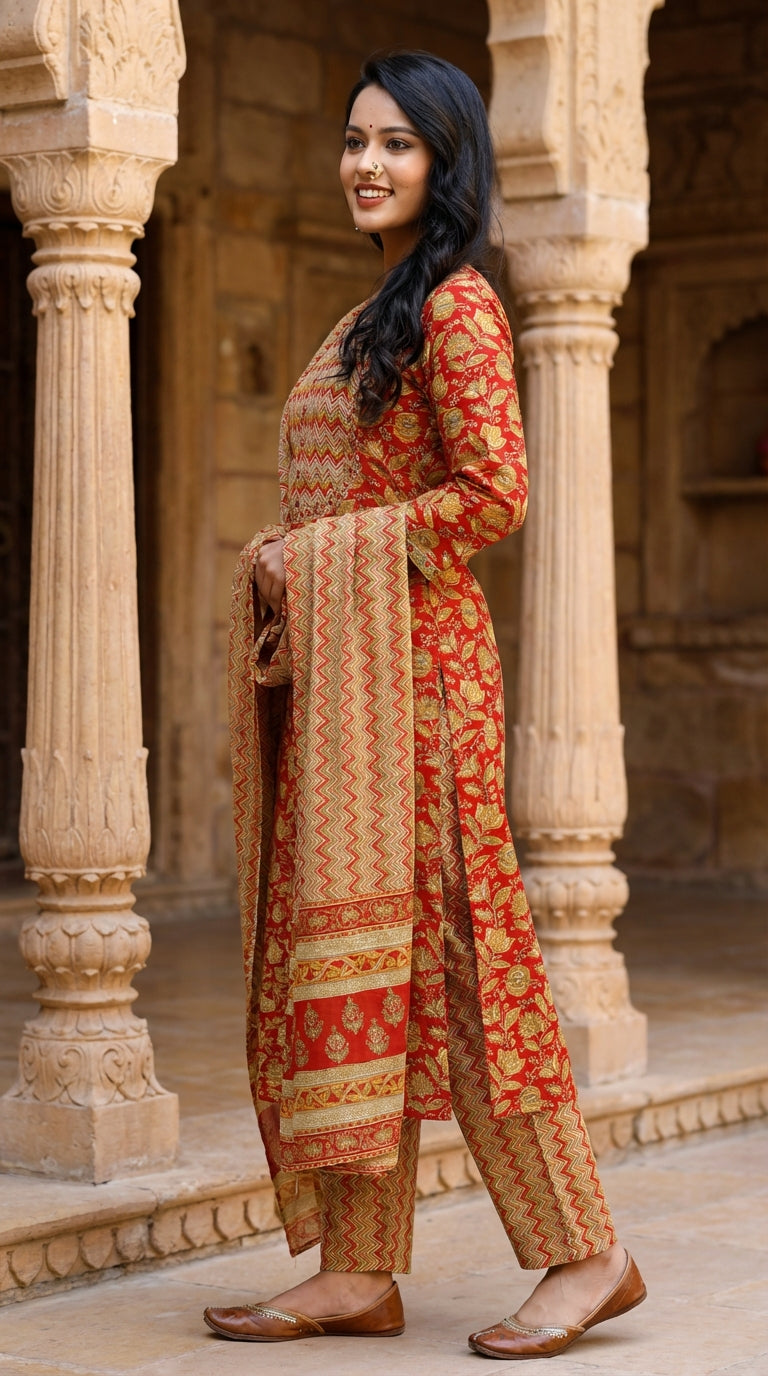 Red Cotton Kurta Pant Set with Dupatta-800040