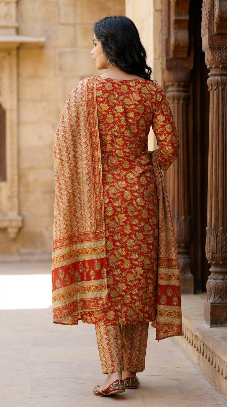 Red Cotton Kurta Pant Set with Dupatta-800040