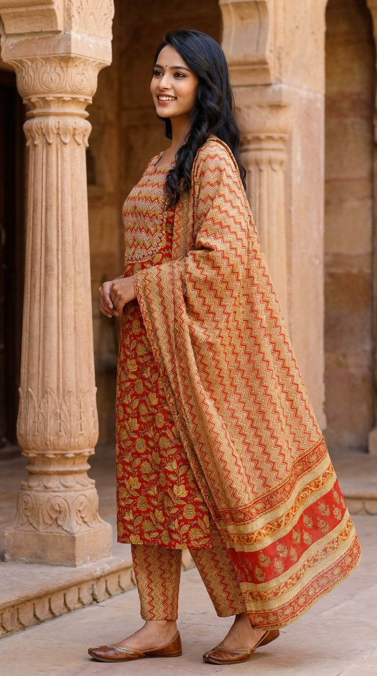 Red Cotton Kurta Pant Set with Dupatta-800040