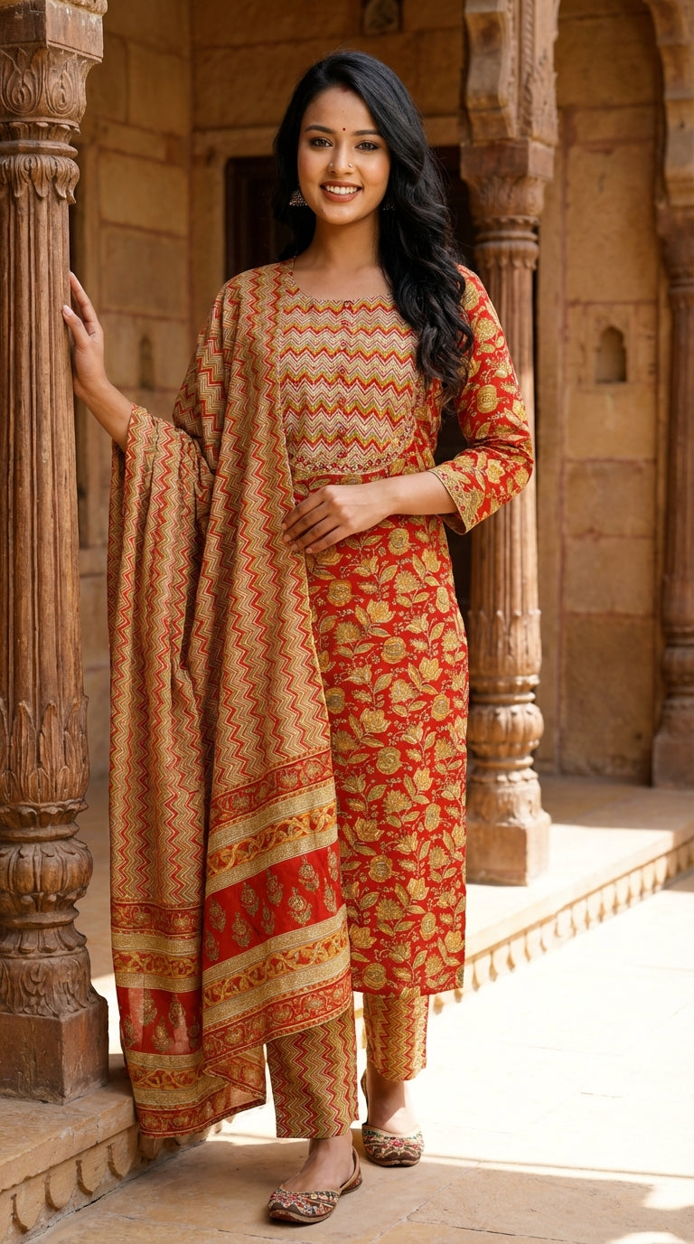 Red Cotton Kurta Pant Set with Dupatta-800040