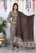 Brown Cotton Kurta Pant Set with Dupatta-800054