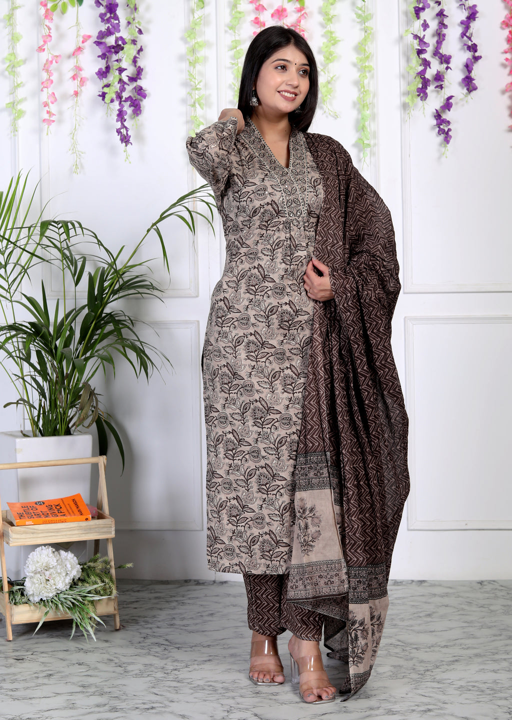 Brown Cotton Kurta Pant Set with Dupatta-800054