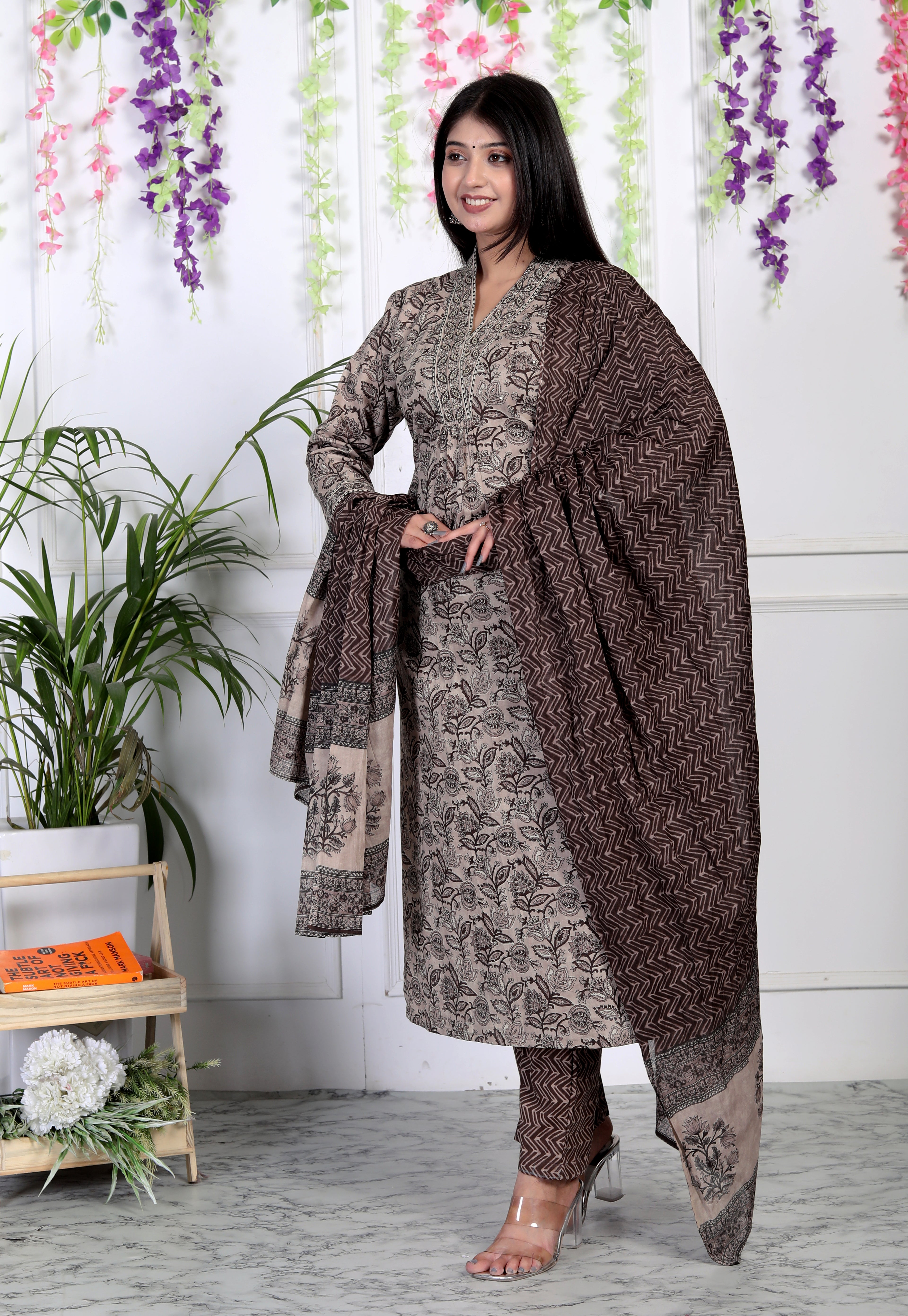 Brown Cotton Kurta Pant Set with Dupatta-800054