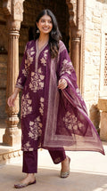 Purple Cotton Kurta Pant Set with Dupatta-800066