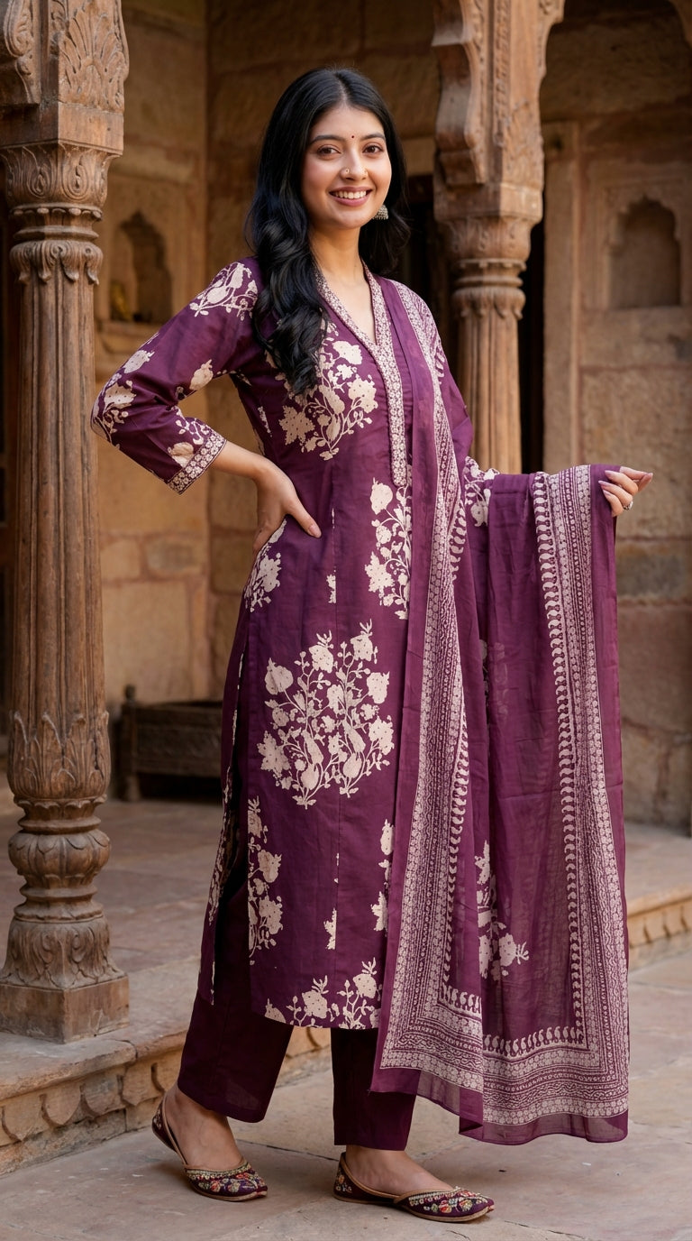 Purple Cotton Kurta Pant Set with Dupatta-800066