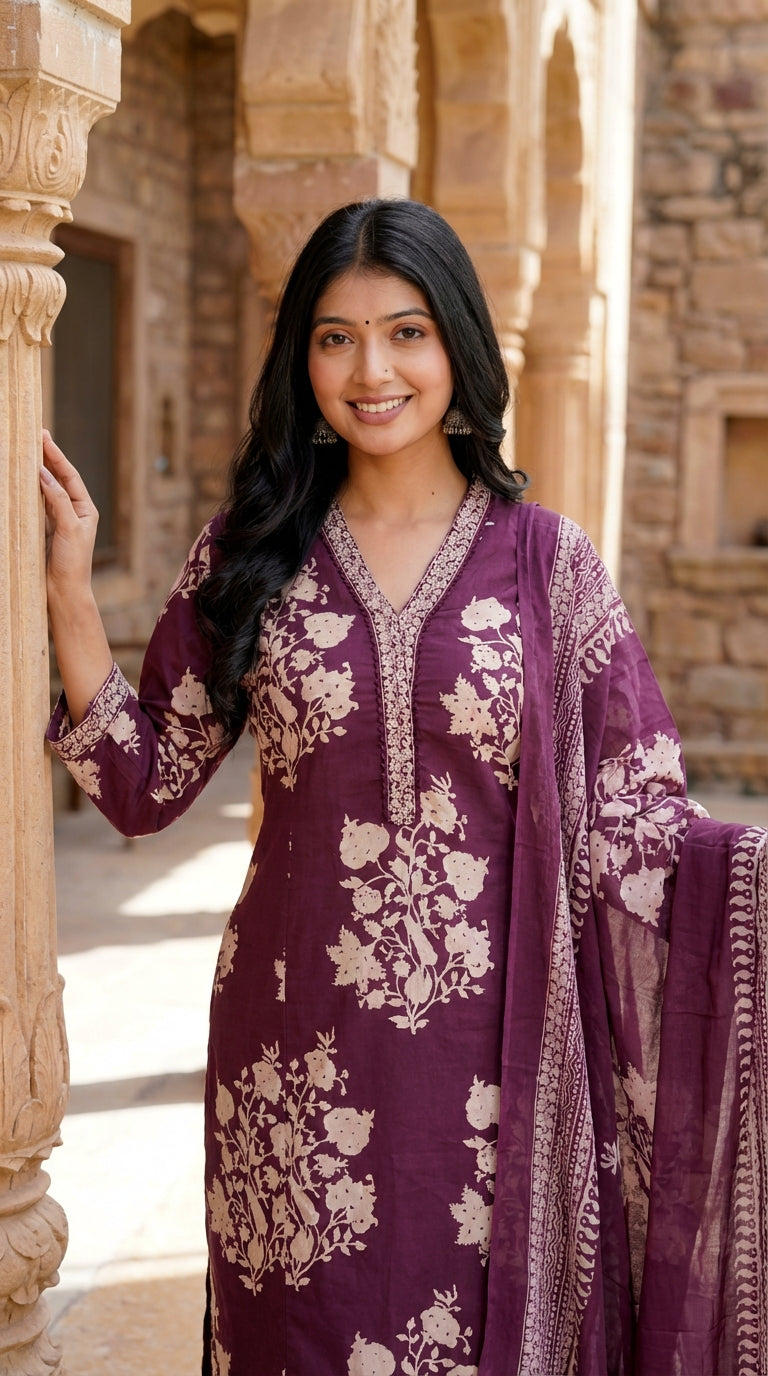 Purple Cotton Kurta Pant Set with Dupatta-800066