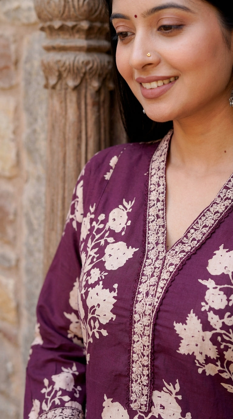 Purple Cotton Kurta Pant Set with Dupatta-800066