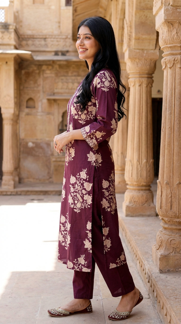 Purple Cotton Kurta Pant Set with Dupatta-800066