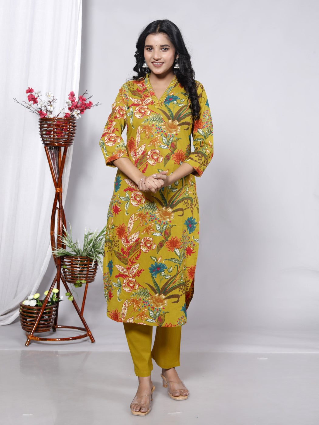 Yellow Cotton Kurta Pant Set with Dupatta-800068
