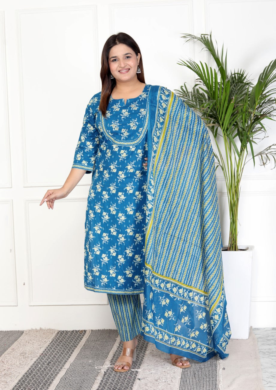 Blue Cotton Kurta Pant Set with Dupatta-800070