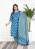 Blue Cotton Kurta Pant Set with Dupatta-800070