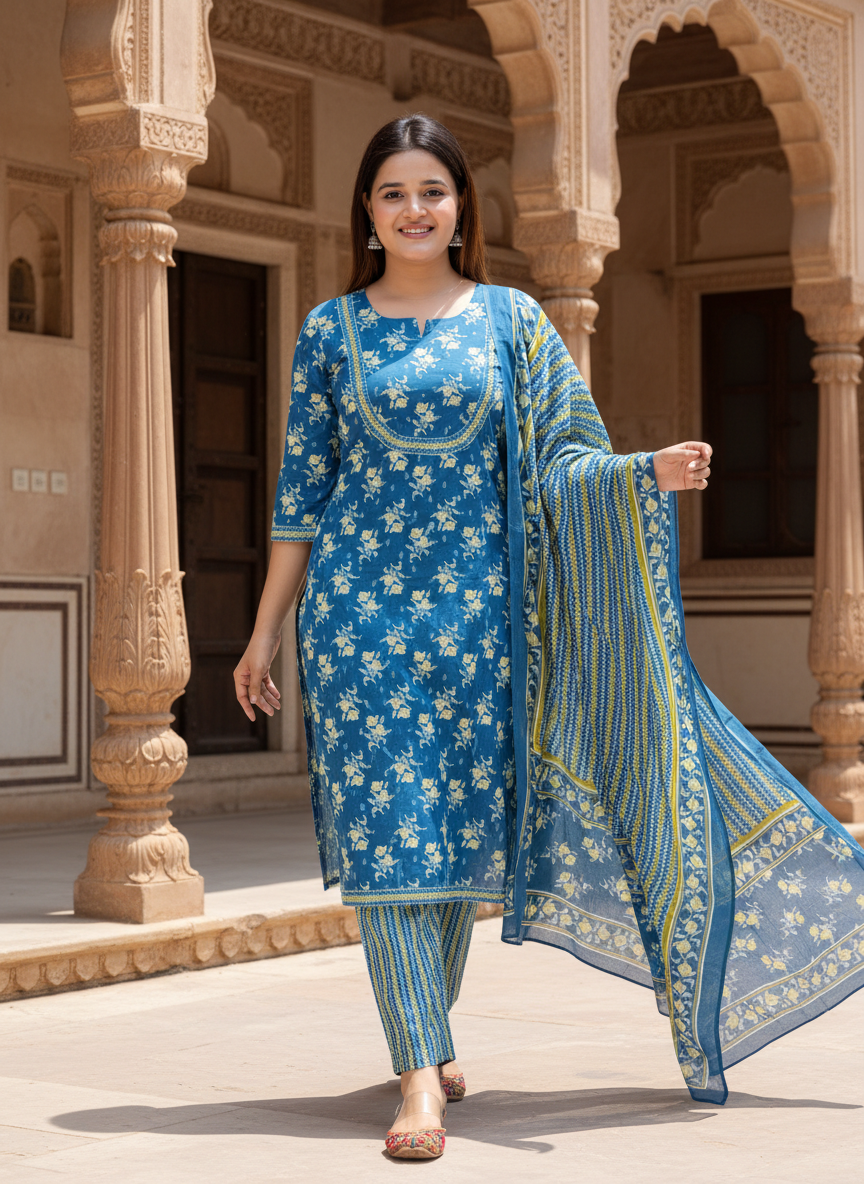 Blue Cotton Kurta Pant Set with Dupatta-800070